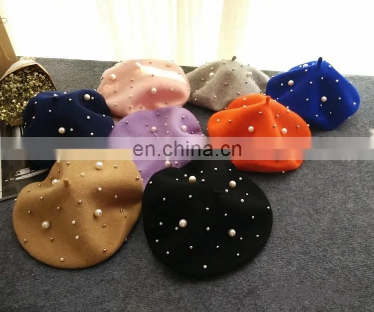 2017 Fashion Woman Spring Pearl Wool Beret Hat