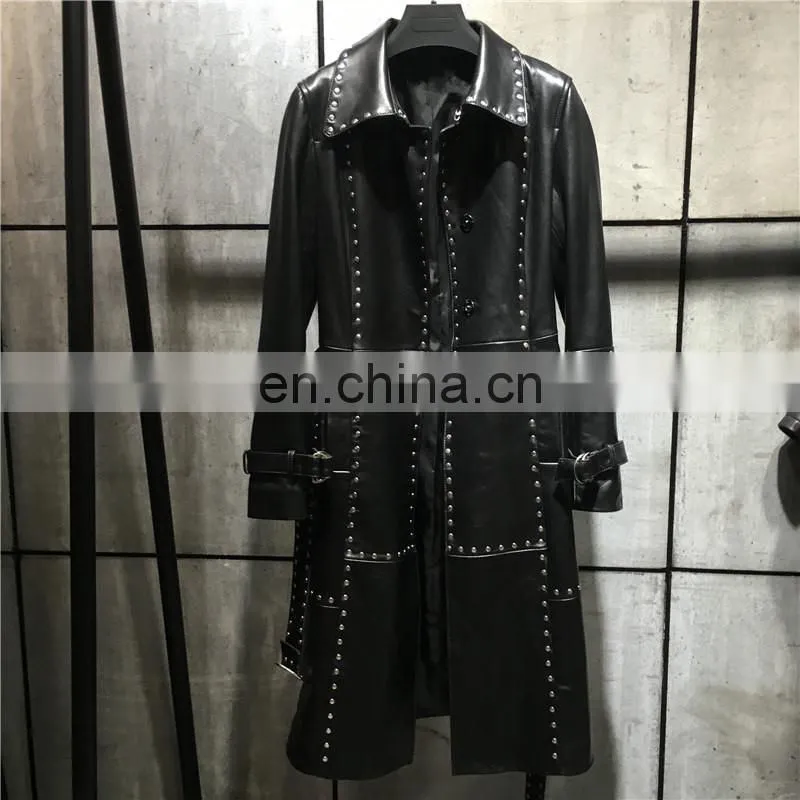 Women Fashion Long Black Rivet Real Leather Coat Leather Trench Coat