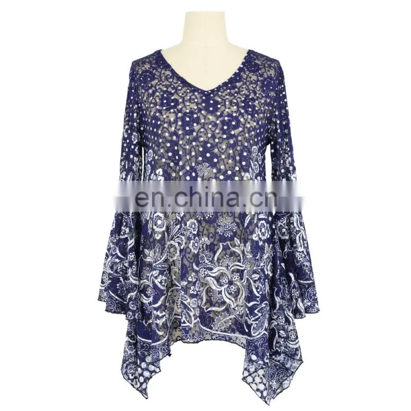 Latest diamond blue Flared sleeve V neck Floral Print Peplum Hem blouse