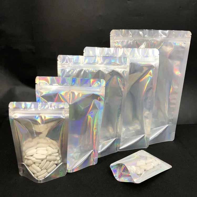 Hologram Mylar Cosmetic Glitter Powder Nail Polish Packaging Bags / Shinning Holographic Aluminum Foil Stand Up Pouch