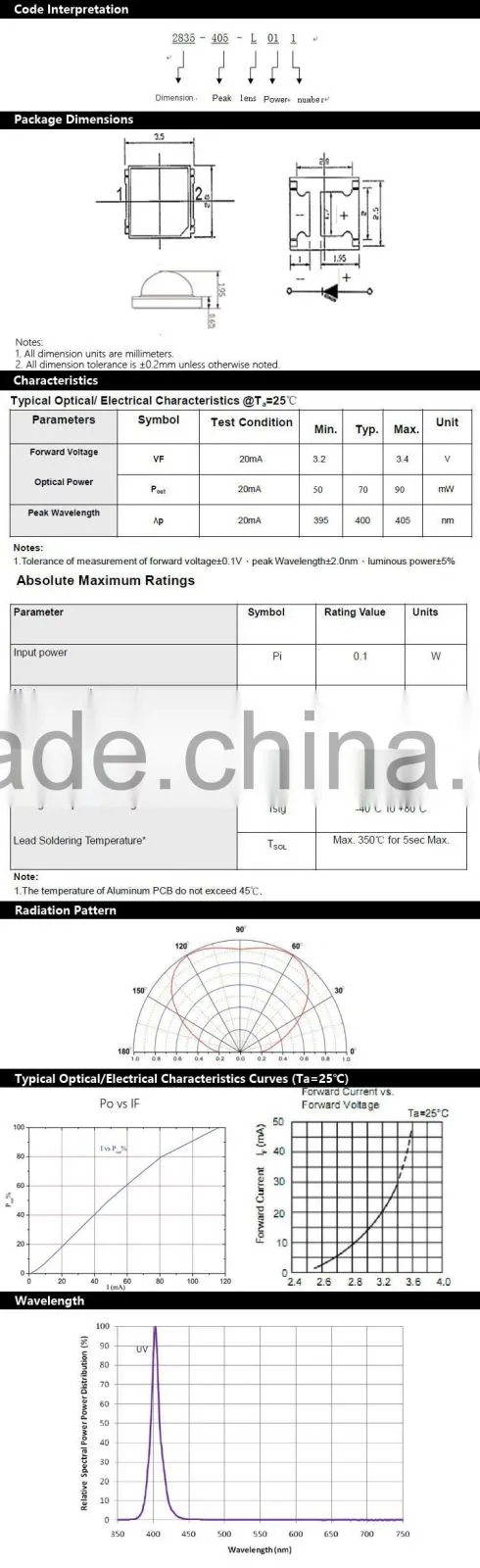 hot sale bridgelux chip SMD 2835 UV LED light source with 0.1 Watts 405nm FACTORY