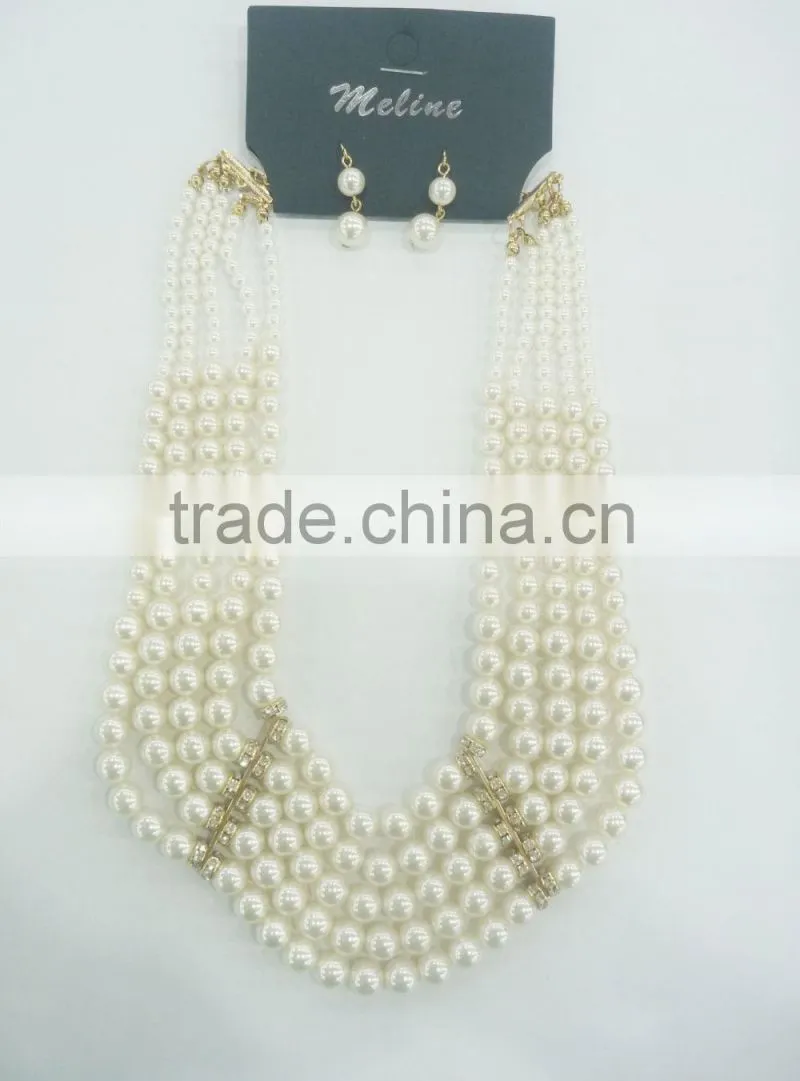FASHION CHUNKY MULTI ROW STATEMENT PEARL NECKLACE EARRING SET
