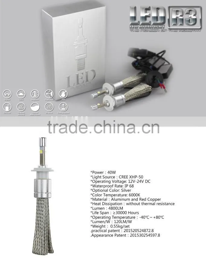 High quality 40W 4800 lumen H7 auto headlight bulb 12-24V DC automotive universal 2015 led car headlight