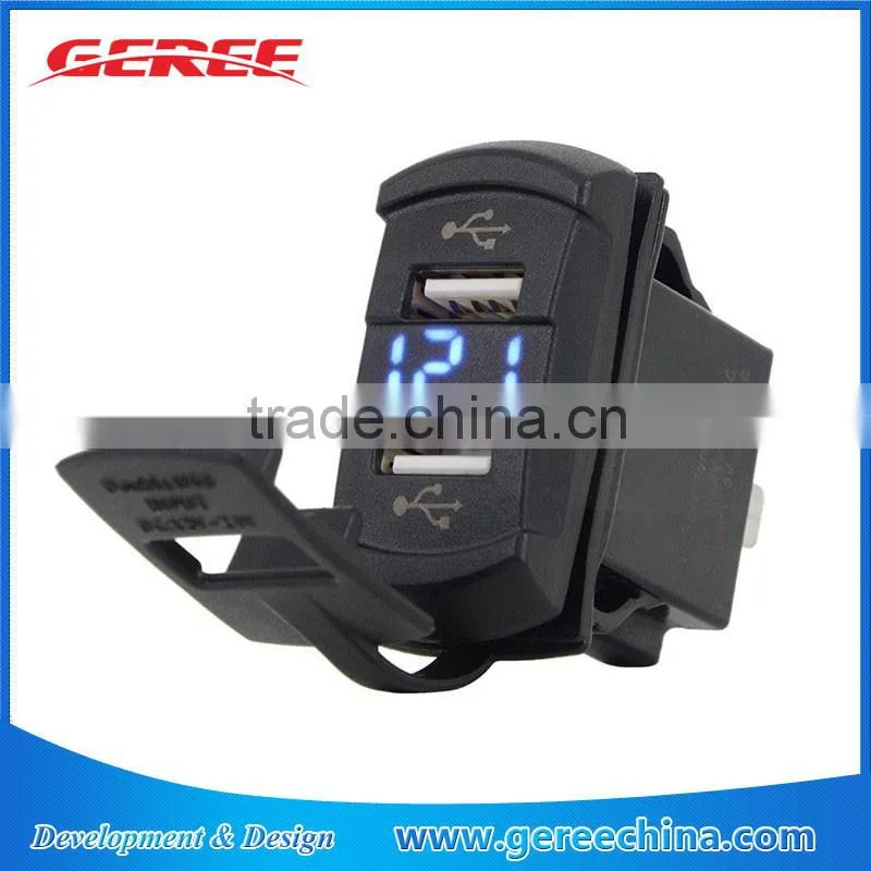 Universal Rocker Style Dual USB Car Charger for iPhone 6 6S Plus Mobile Device, Blue LED Digital Display Voltmeter Monitor