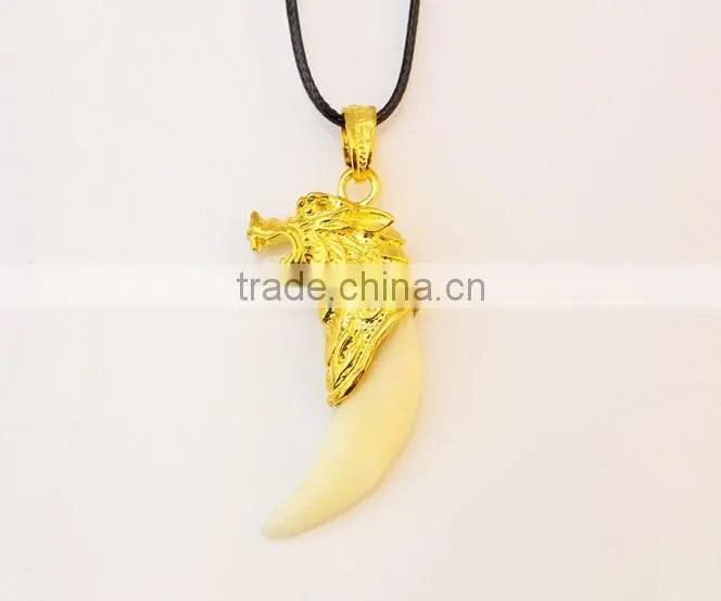 Retro Cool Men's Charm Choker Wolf Tooth Pendant Genuine Leather Alloy Necklace