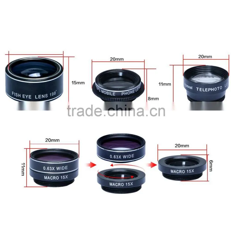 external camera lens for android phone 0.63x Wide Angle+15x Macro+198 fisheye+2x zoom+Filter 5 in 1 phone lens kit