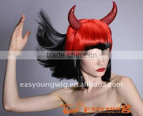 Cheap synthetic Red color party witch hair wig, devil wigs with horns