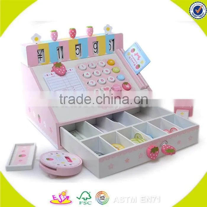 wholesale baby pink wooden cash register, elegant kids wooden cash register, popular children wooden cash register W10A035