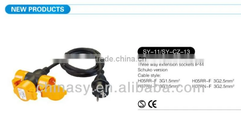 CE,S 3way schuko extension multi socket/exension cord IP44