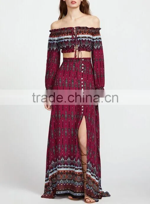 Picture of long skirts and tops Vintage print drawstring top with split skirt