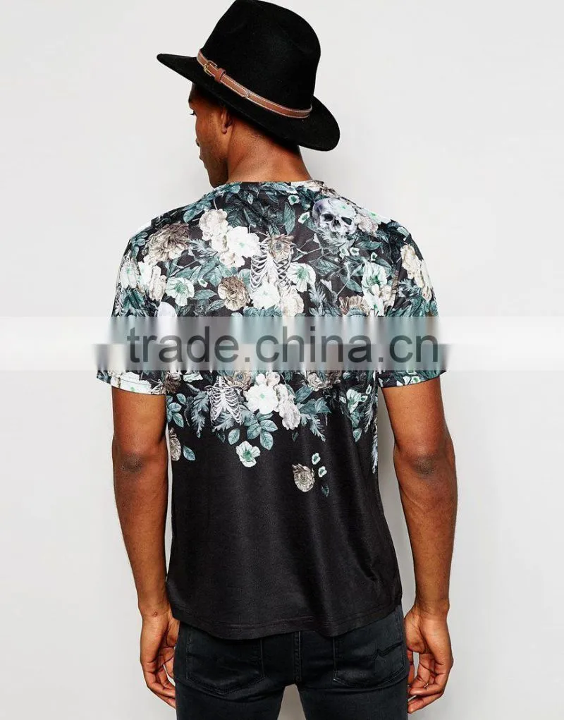 Stylish floral skull printed t shirt, sublimation printing t shirt wholesale