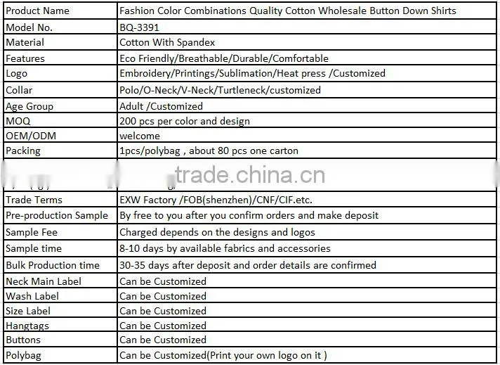 Fashion Color Combinations Quality Cotton Wholesale Button Down Shirts