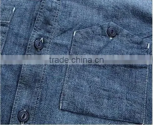100% cotton dark blue washed cowboy long sleeve casual shirts for men with two pockets