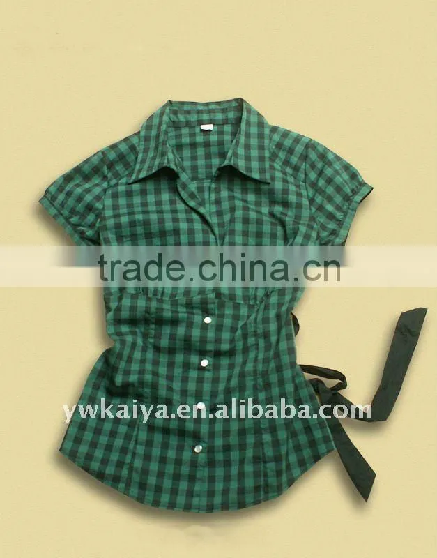 100% Cotton slim fit short sleeve agitate green lady long fashion blouse