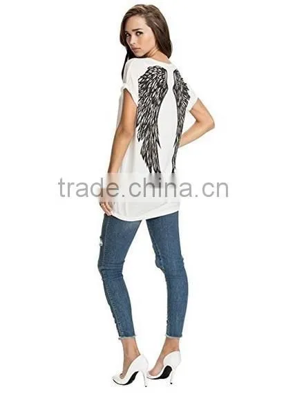Women Fashion tshirt Short Sleeve Wings Print Loose custom print tshirt