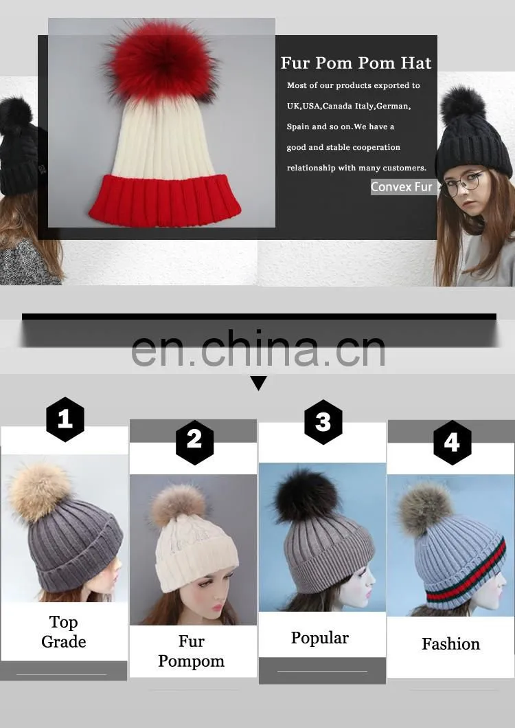 Stock hat fashion winter real big raccoon fur ball knitted beanie hat