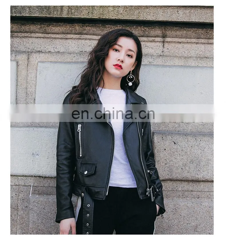 Fashion Cool Zip Front Black Leather Jacket Woman / Real Sheep Skin Jacket Leather / Leather Motorcycle Jacket