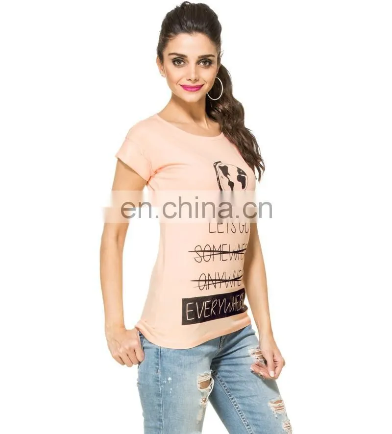 2015 Factory direct price wholesale 100% Cotton Go Everywhere Graphic Peach T-shirt