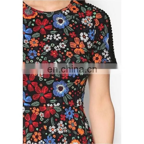 OEM Women Wear Fashion Dress Black Floral Sleeveless Lace Insert Dress