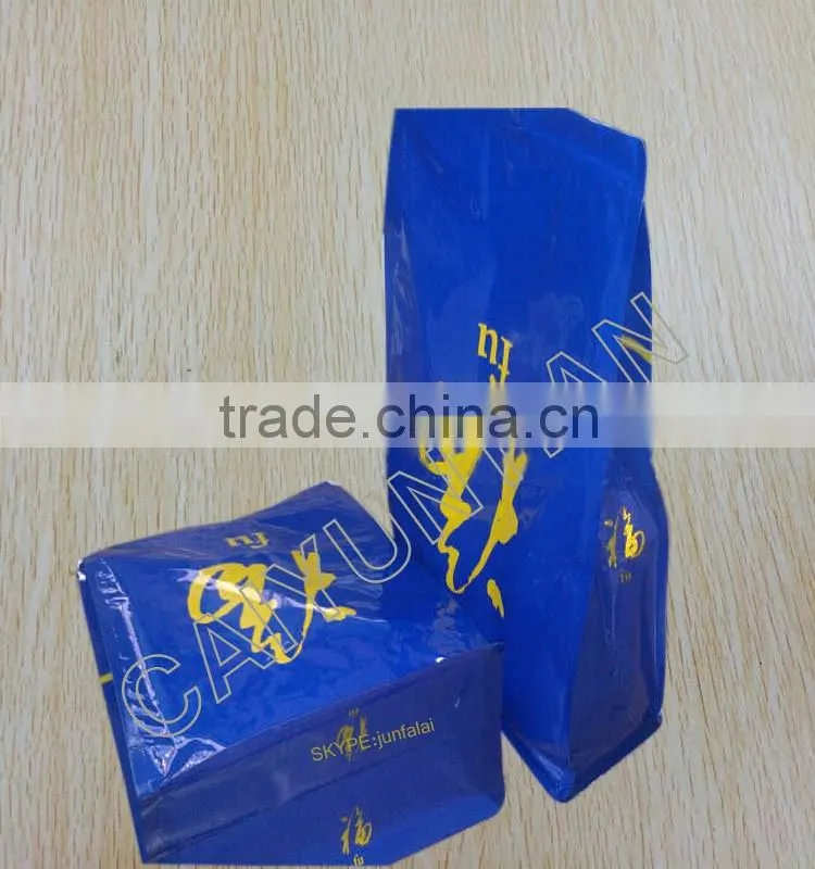 coffee bags with valve Tin tie Aluminum stand up coffee pouch eight-side sealing zipper pouches