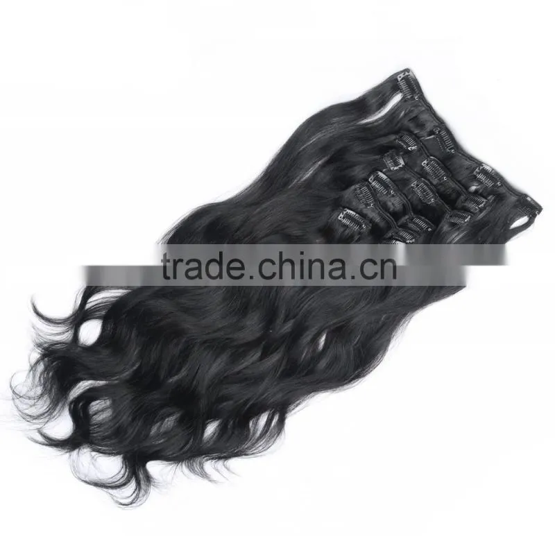 Natural black wavy Brazilian human hair extensions clip ins 7 pieces