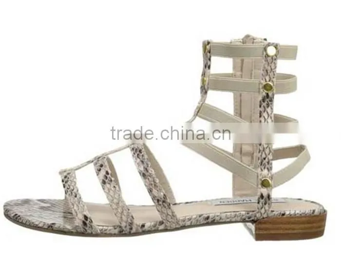 Wholesale Leather Shoes Ankle Sandal Boot Snake Print Cut Out Flat Sandal