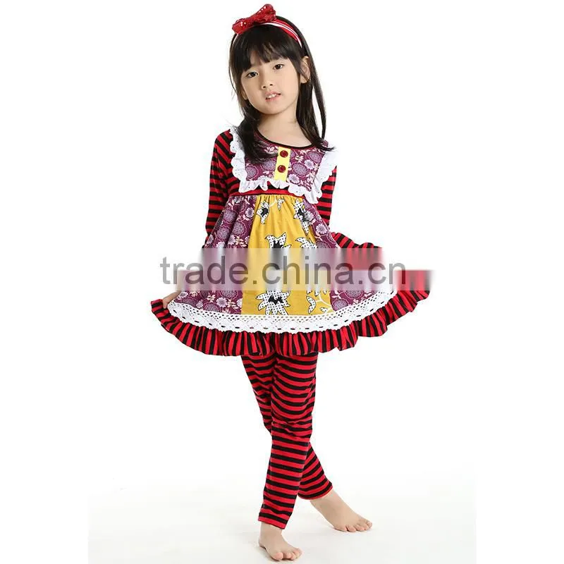 2016 christmas kaiya fall red and black stripe cotton top dress and pant long sleeve little girls boutique remake clothing sets
