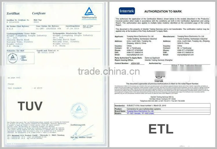 High efficiency 5w to 330w MC4 connector with TUV, IEC, CE, CEC solar system connector