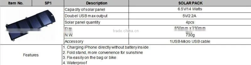 14w folding amorphous solar wireless mobile phone charger