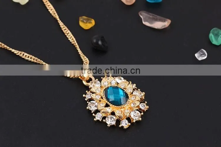 High quality big green stone korea wedding necklace and earring sets gold jewellery
