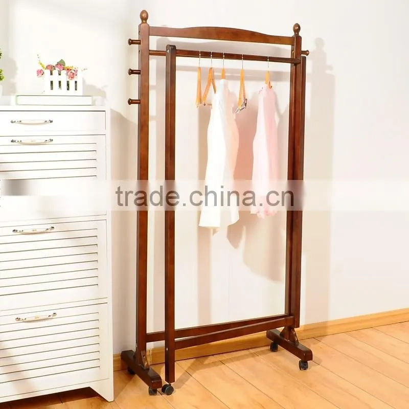 wooden clothe rack with Omni-directional wheel wooden coat hanger