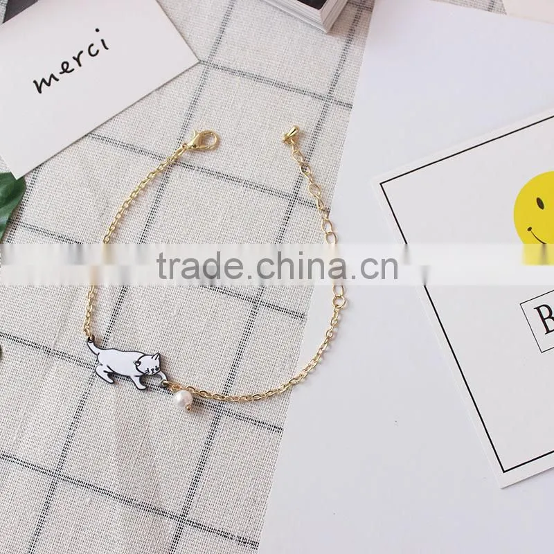 enamel cat catching the ball bracelet metal cat pearl bead charm gold chain bracelet