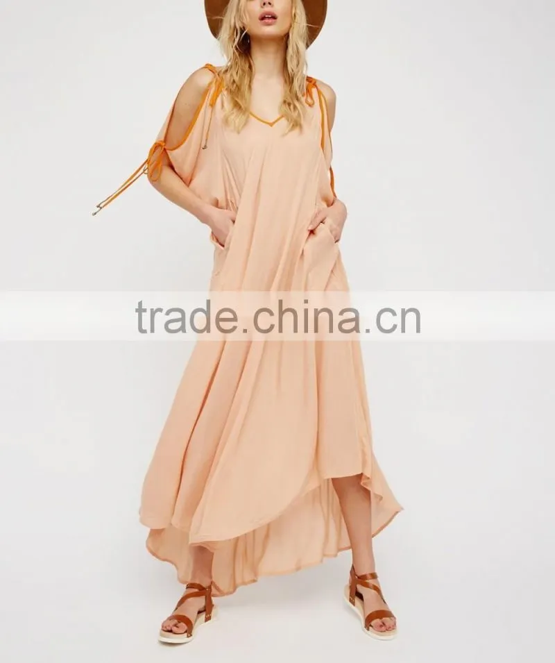 Summer Beach Flowy Effortless Sexy Ladies Nighty Maxi Dress With Cutout Shoulder HSD5948
