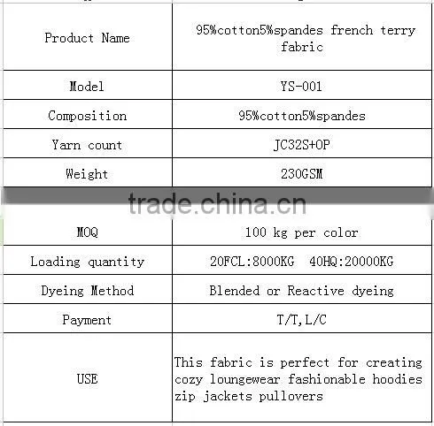 61" wide 230g/sqm 95%cotton5%spandes french terry fabric yard