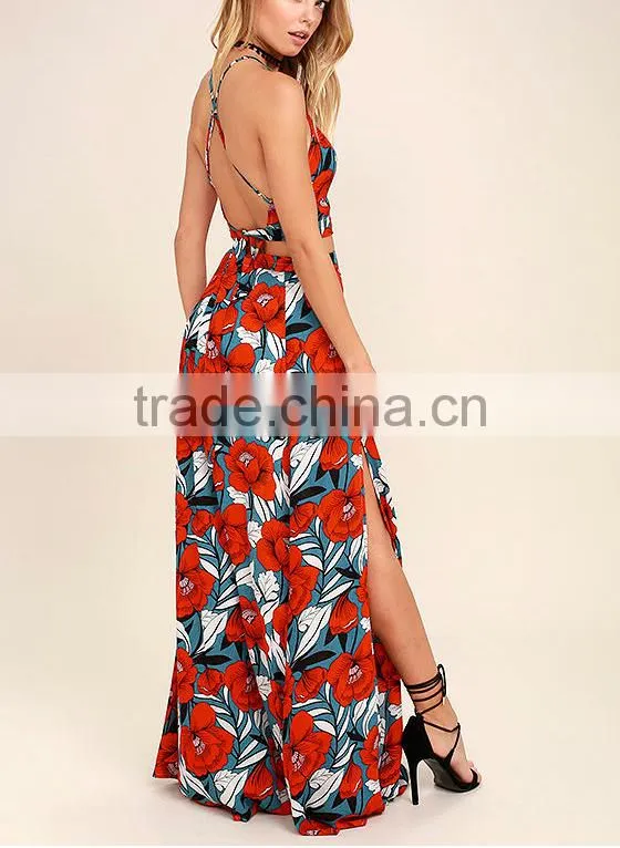 Hot sale beach dress floral printed two piece sexy maxi dress