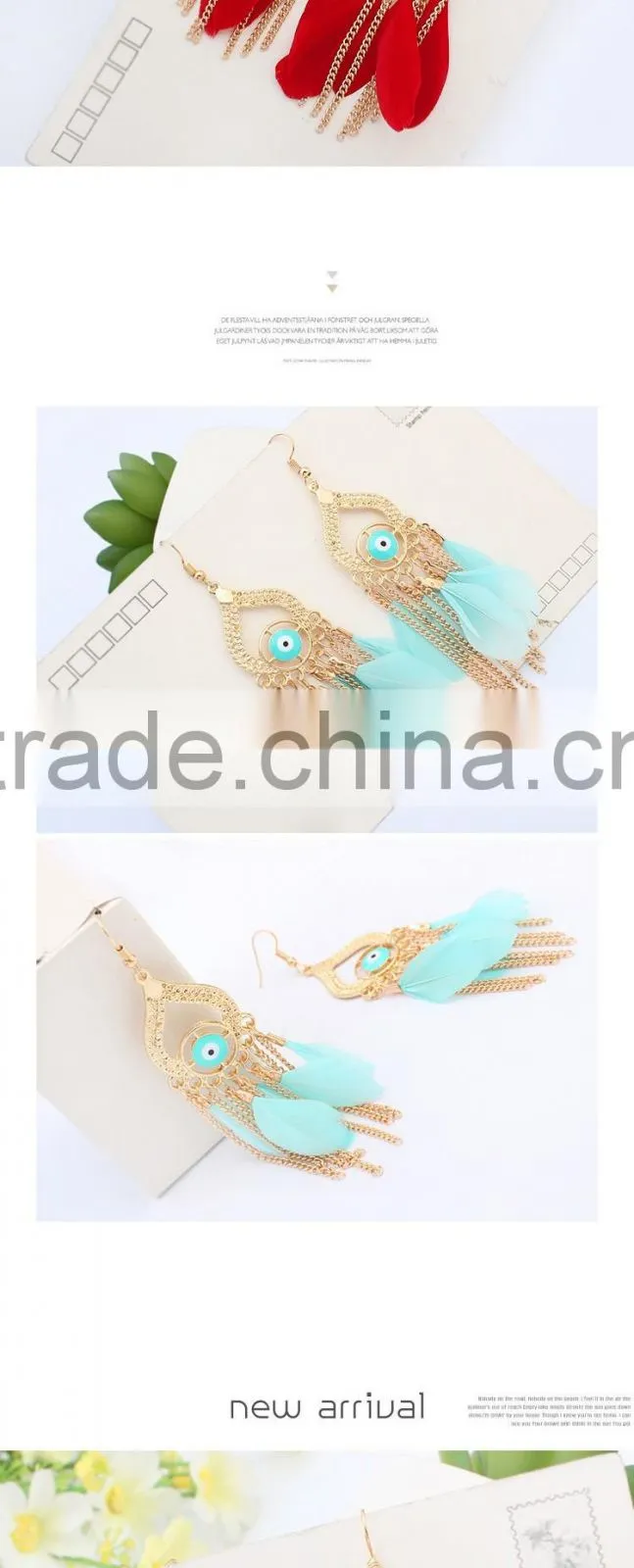 wholesale new design eye feather gold tassels earrings for women
