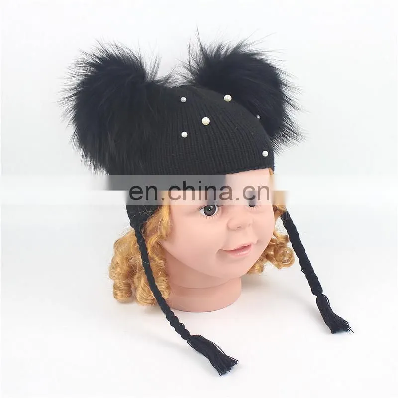 Wholesale Double Raccoon Fur Poms Cap Kids Hat With Fur Pom Pom