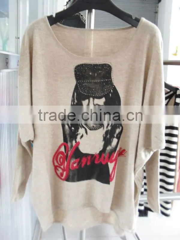 Print style for a beautiful girl long hair with a hat sweater 9984#