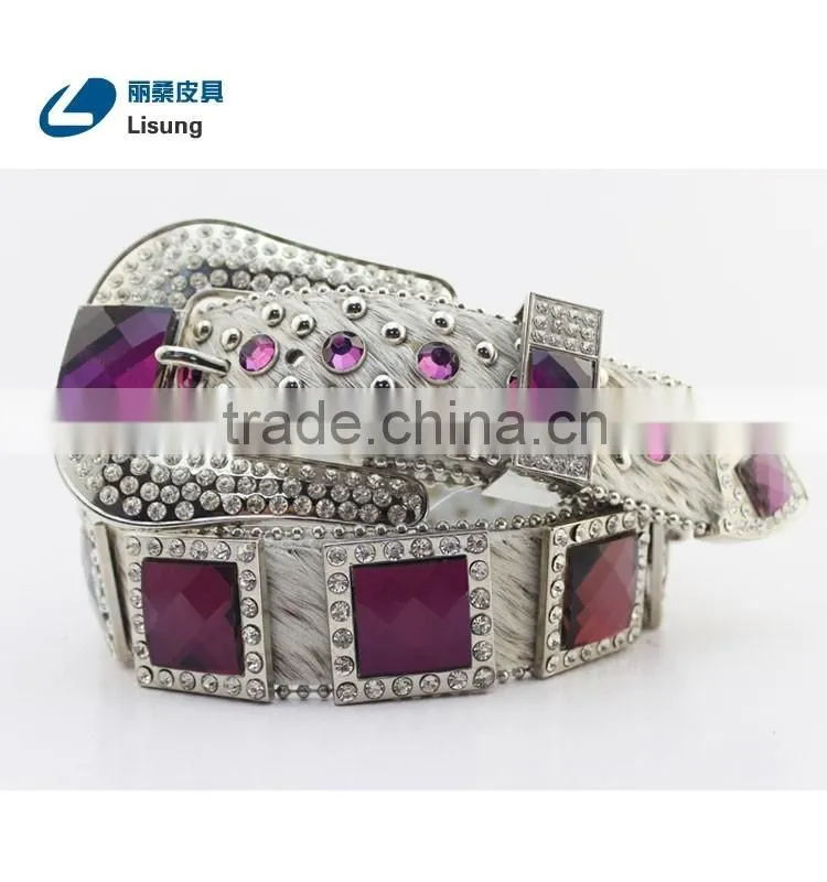 Purple Crystal Full Rhinestone Buckle Horse Hair Hide Western Cowgirl Belt