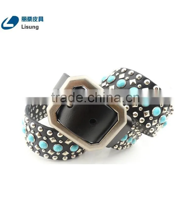 Lady Genuine Leather Turquoise Rhinestone Dress Strap Belt
