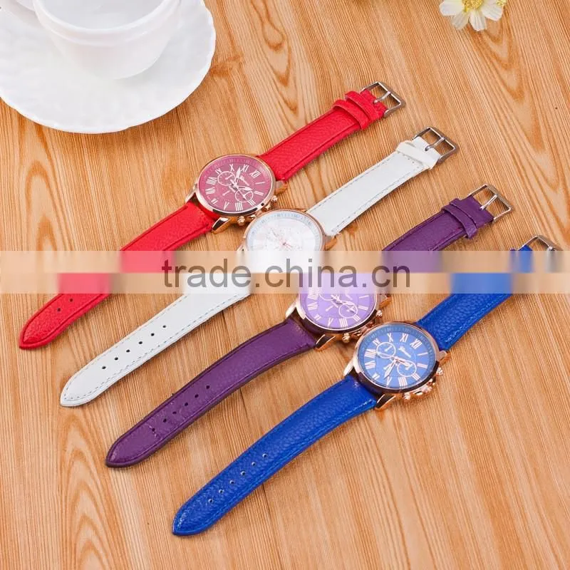 New Fashion Round 2 zones ladies cheap geneva leather watch women