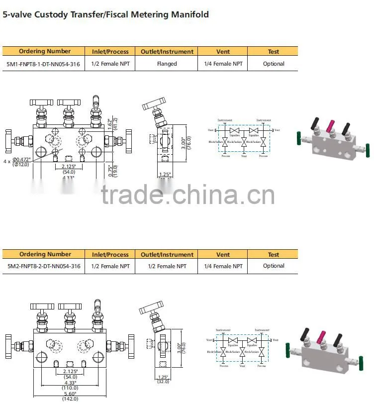 304 ss 5 way instrument manifolds 5 valve for oil