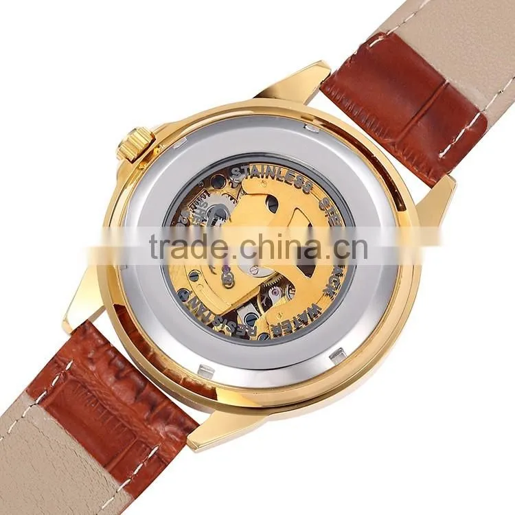 oem genuine leather men's teenage fashion skeleton automatic mechanical watch waterproof