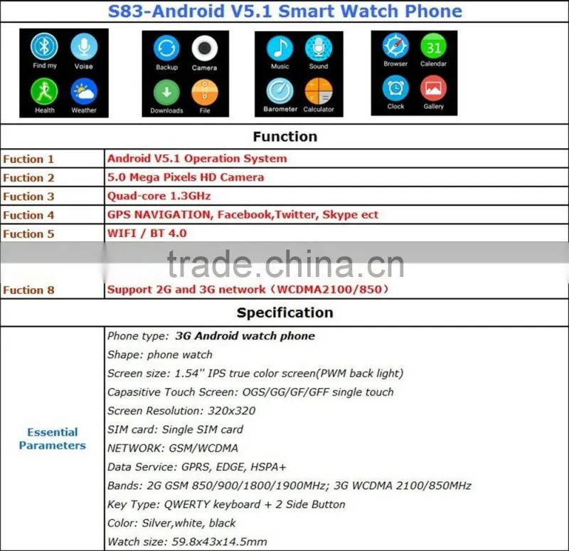 3G Smart Watch S83 Clock Sync Notifier buit-in Camera Support Sim Card smartwatch for Apple iPhone Android Phone PK DM365 DZ09