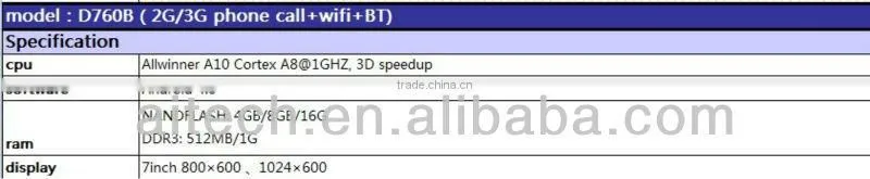 D760B(2G/3G phone call+wifi+BT Allwinner A10 Cortex A8 1GHZ, 3D speedup tablet pc