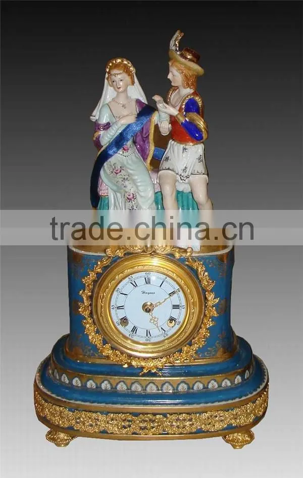 European Royal Noble Figurine Ceramic Table Clock, Gold Plated Cast Brass Mounted Table Clock