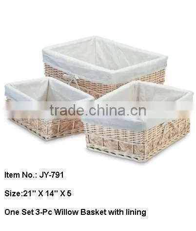 willow White rectangular wicker basket with Pink fabric Lining