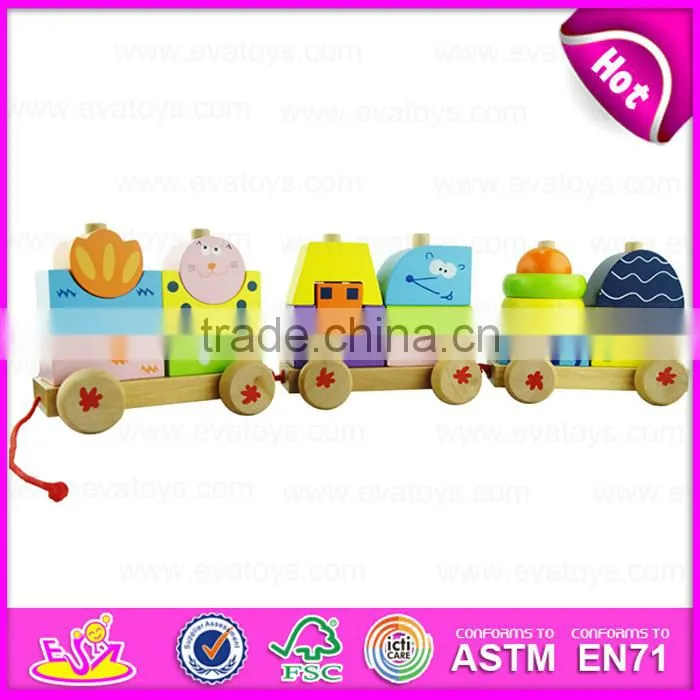 Kids wooden train set pull along toy,Wooden block train toy for children,Pull Shape Block Train Toy W05C021