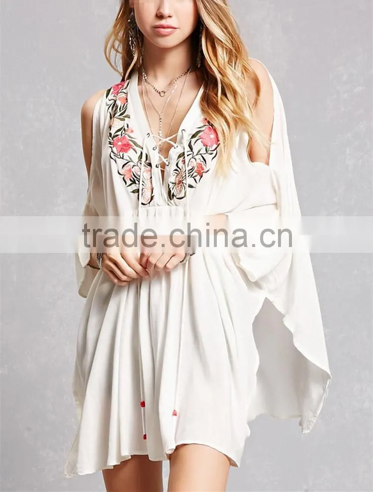 Latest Fashion center front pleats lace-up neckline long dolman sleeves Tunic Dress