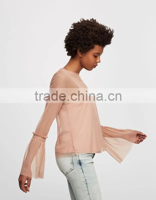 Wholesale woman fashion ruffle flounced sleeve soft mesh lady tops